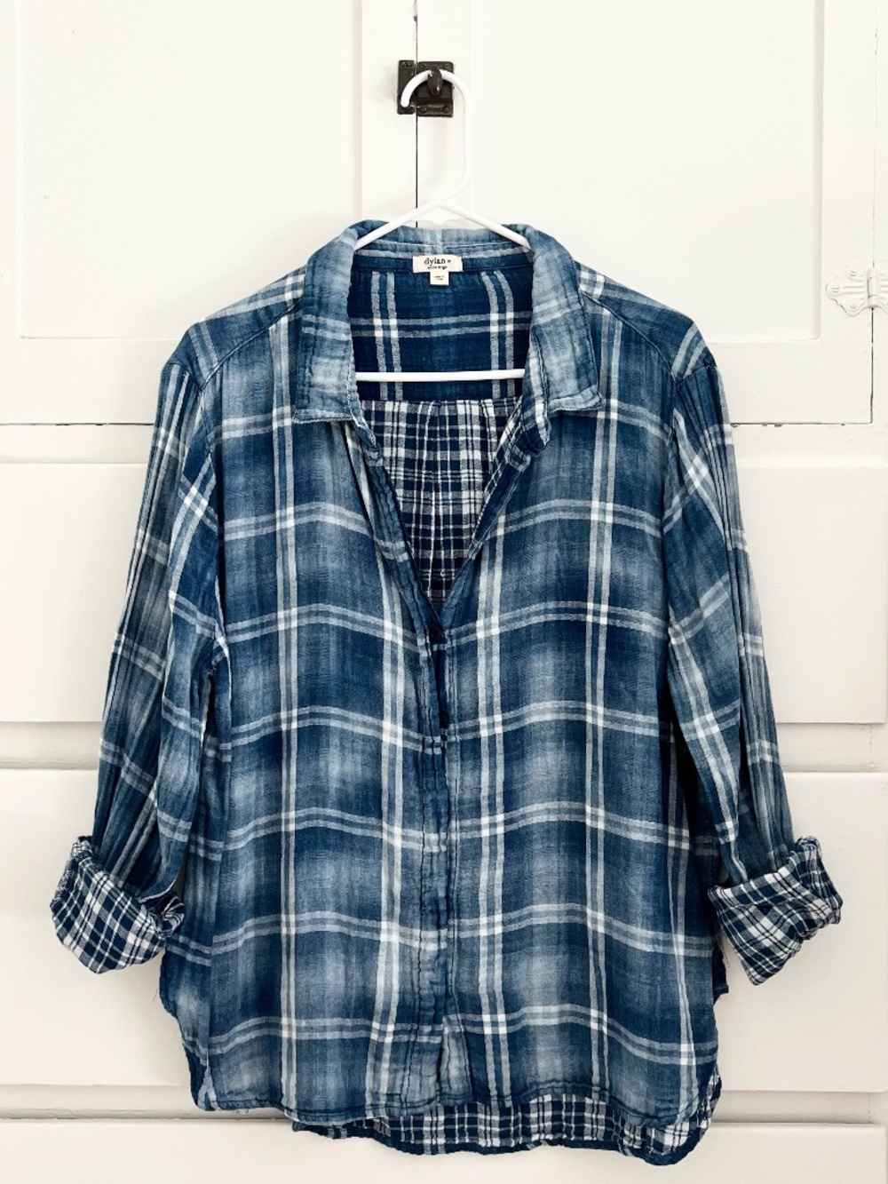 Dylan Cotton Gauze Button Down Shirt Blue White Plaid XL - Picture 2 of 7